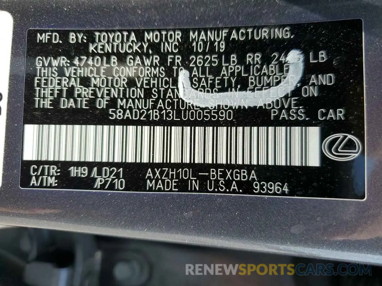 12 Photograph of a damaged car 58AD21B13LU005590 LEXUS ES300 2020