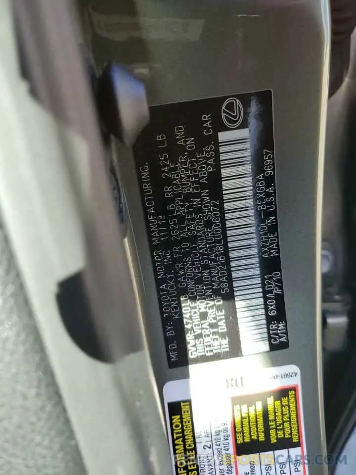 12 Photograph of a damaged car 58AD21B18LU006072 LEXUS ES300 2020