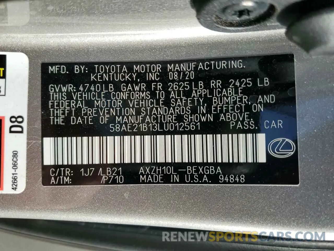 14 Photograph of a damaged car 58AE21B13LU012561 LEXUS ES300 2020