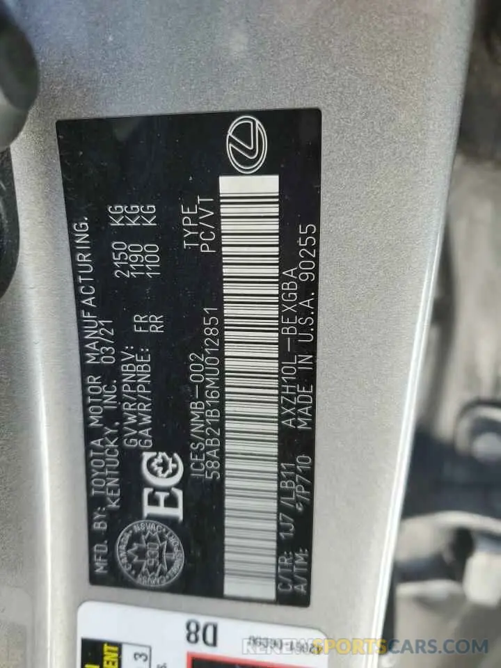 13 Photograph of a damaged car 58AB21B16MU012851 LEXUS ES300 2021
