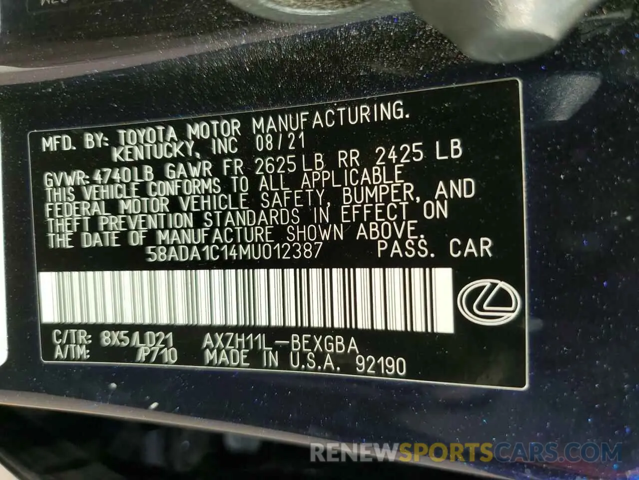 12 Photograph of a damaged car 58ADA1C14MU012387 LEXUS ES300 2021
