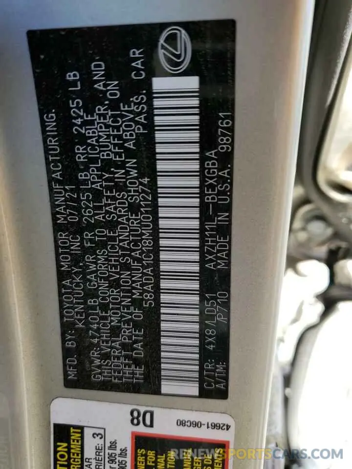 12 Photograph of a damaged car 58ADA1C18MU011274 LEXUS ES300 2021