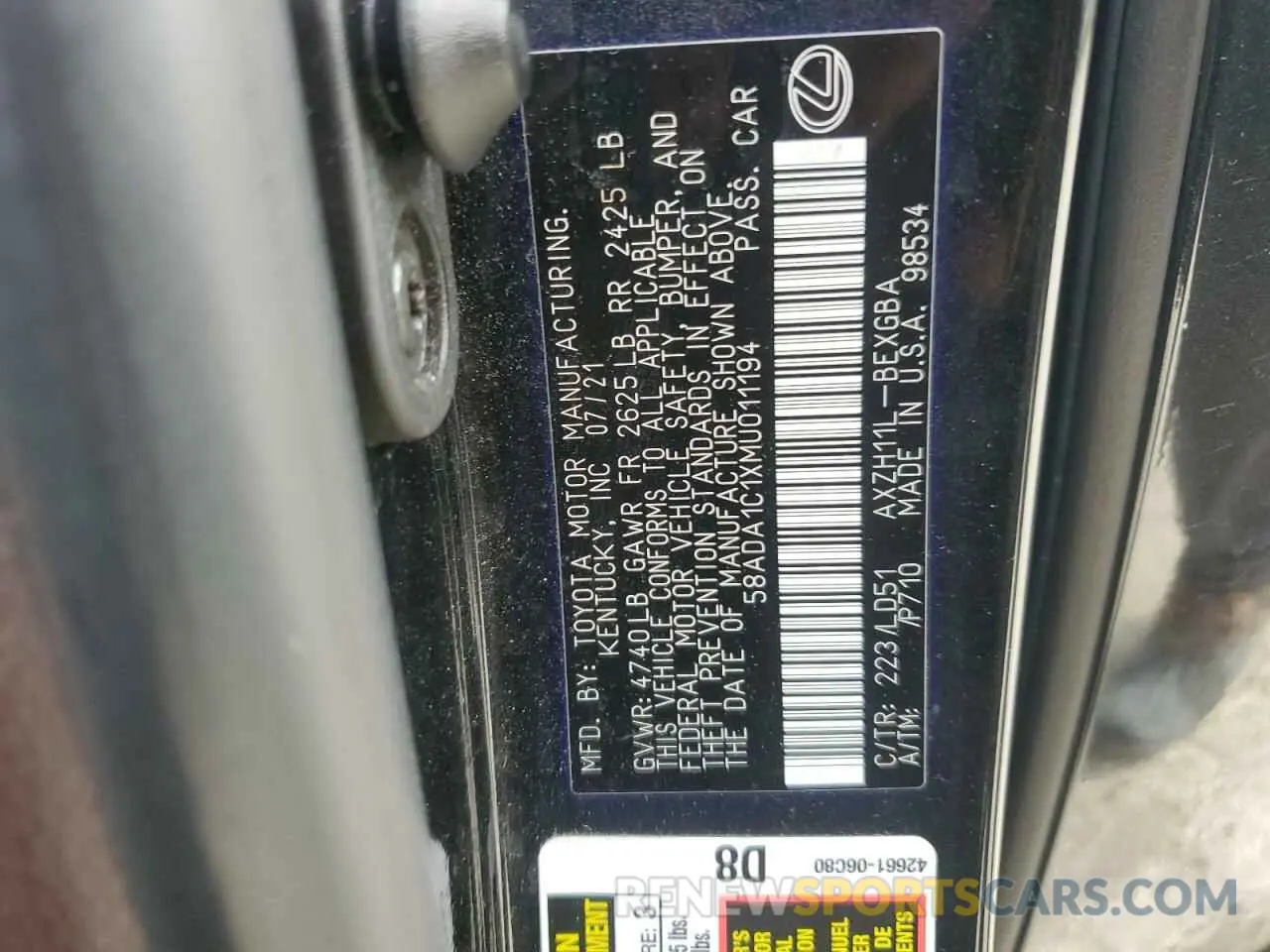 12 Photograph of a damaged car 58ADA1C1XMU011194 LEXUS ES300 2021