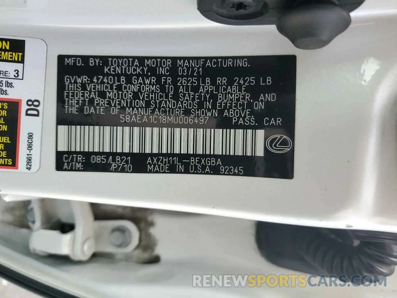 12 Photograph of a damaged car 58AEA1C18MU006497 LEXUS ES300 2021