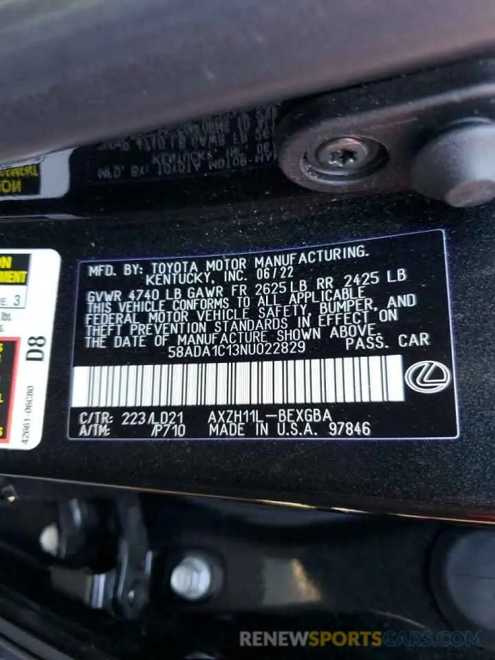 10 Photograph of a damaged car 58ADA1C13NU022829 LEXUS ES300 2022