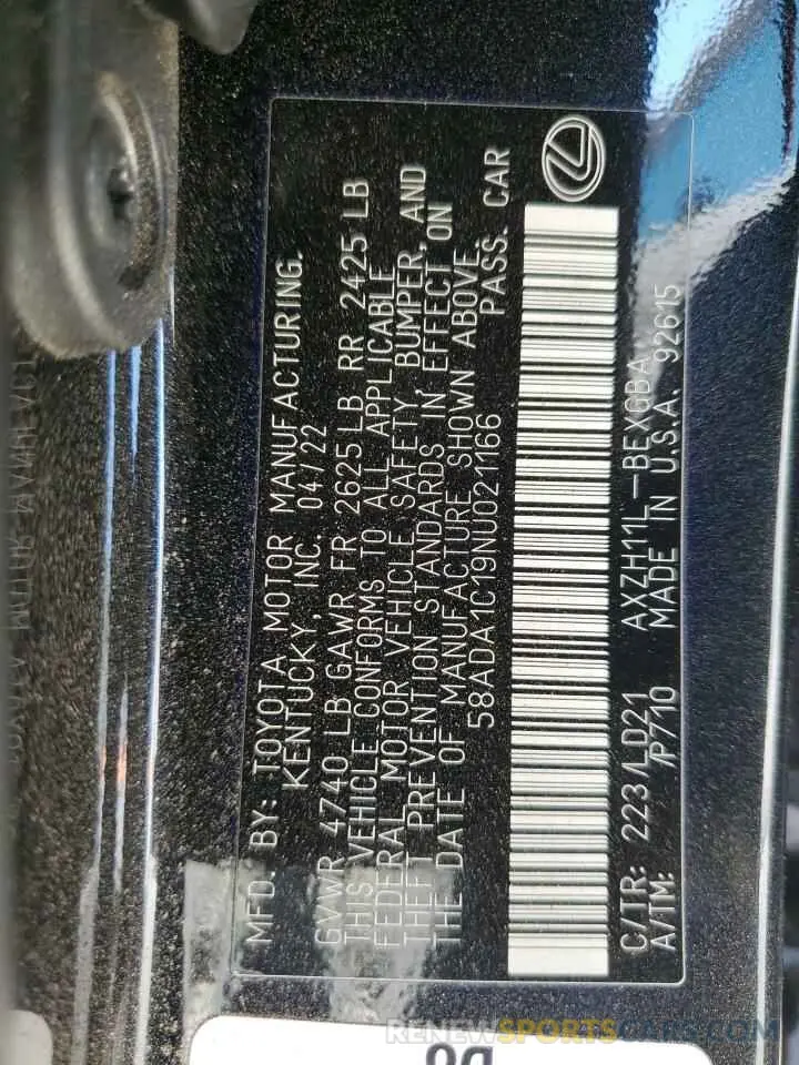 12 Photograph of a damaged car 58ADA1C19NU021166 LEXUS ES300 2022