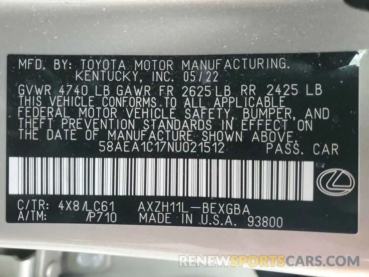 12 Photograph of a damaged car 58AEA1C17NU021512 LEXUS ES300 2022