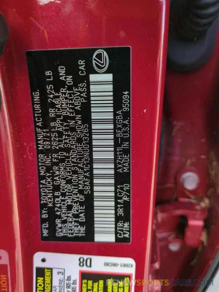 13 Photograph of a damaged car 58AFA1C13NU013265 LEXUS ES300 2022