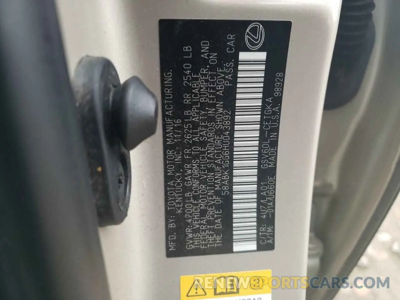 12 Photograph of a damaged car 58ABK1GG6HU043892 LEXUS ES350 2017