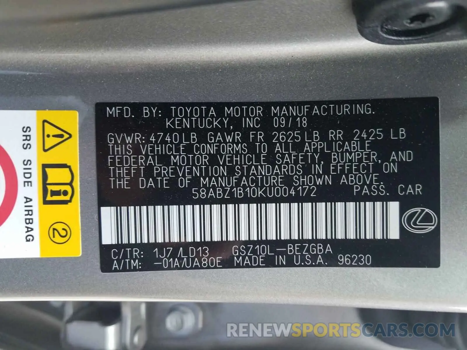 10 Photograph of a damaged car 58ABZ1B10KU004172 LEXUS ES350 2019