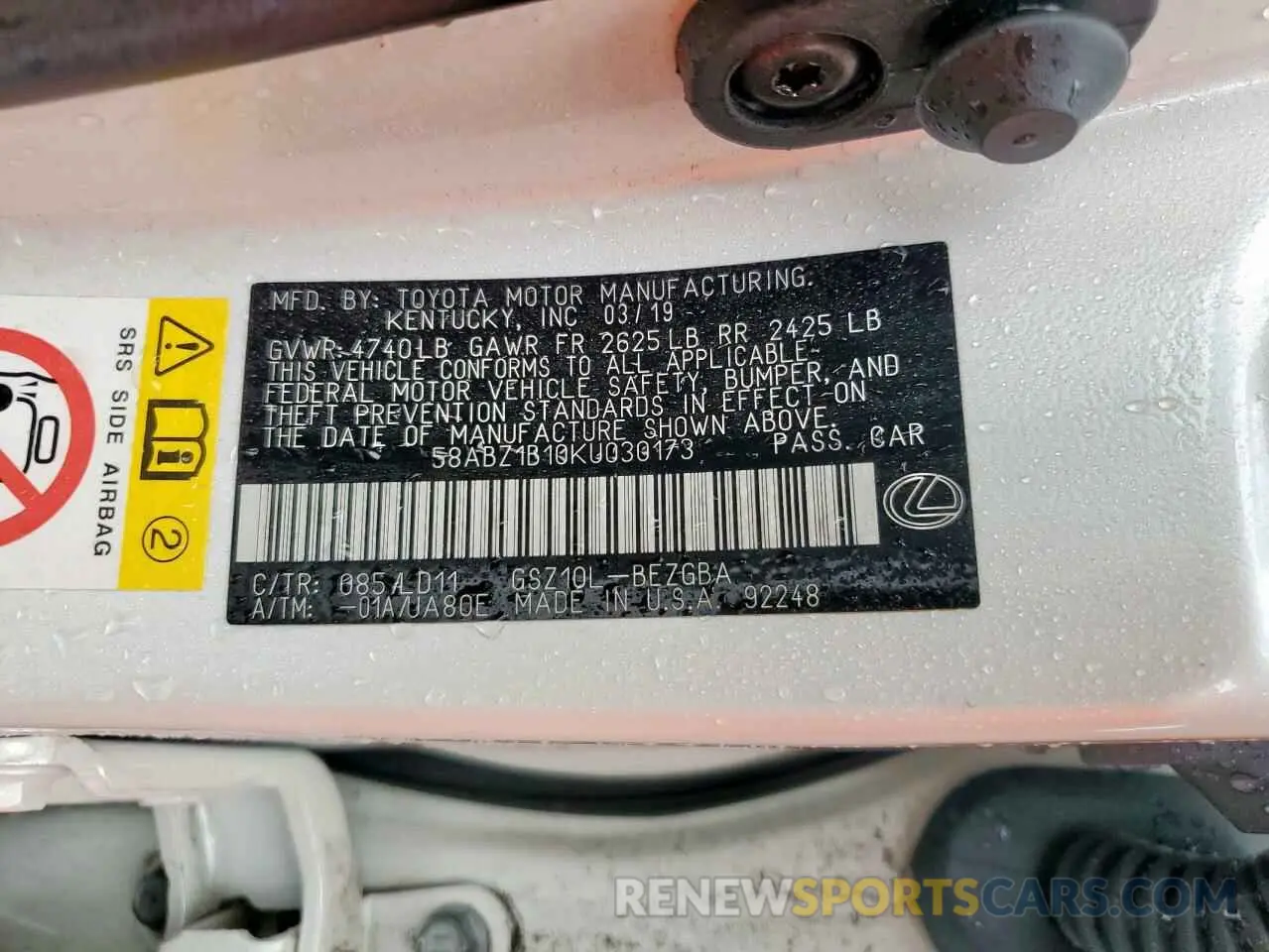 12 Photograph of a damaged car 58ABZ1B10KU030173 LEXUS ES350 2019