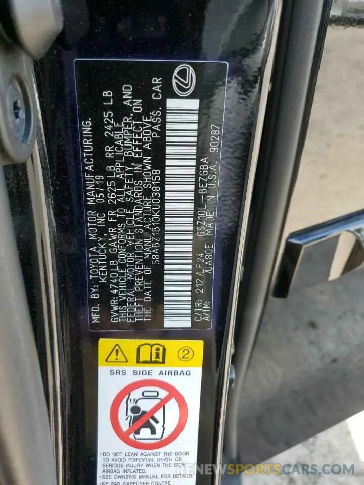 13 Photograph of a damaged car 58ABZ1B10KU038158 LEXUS ES350 2019