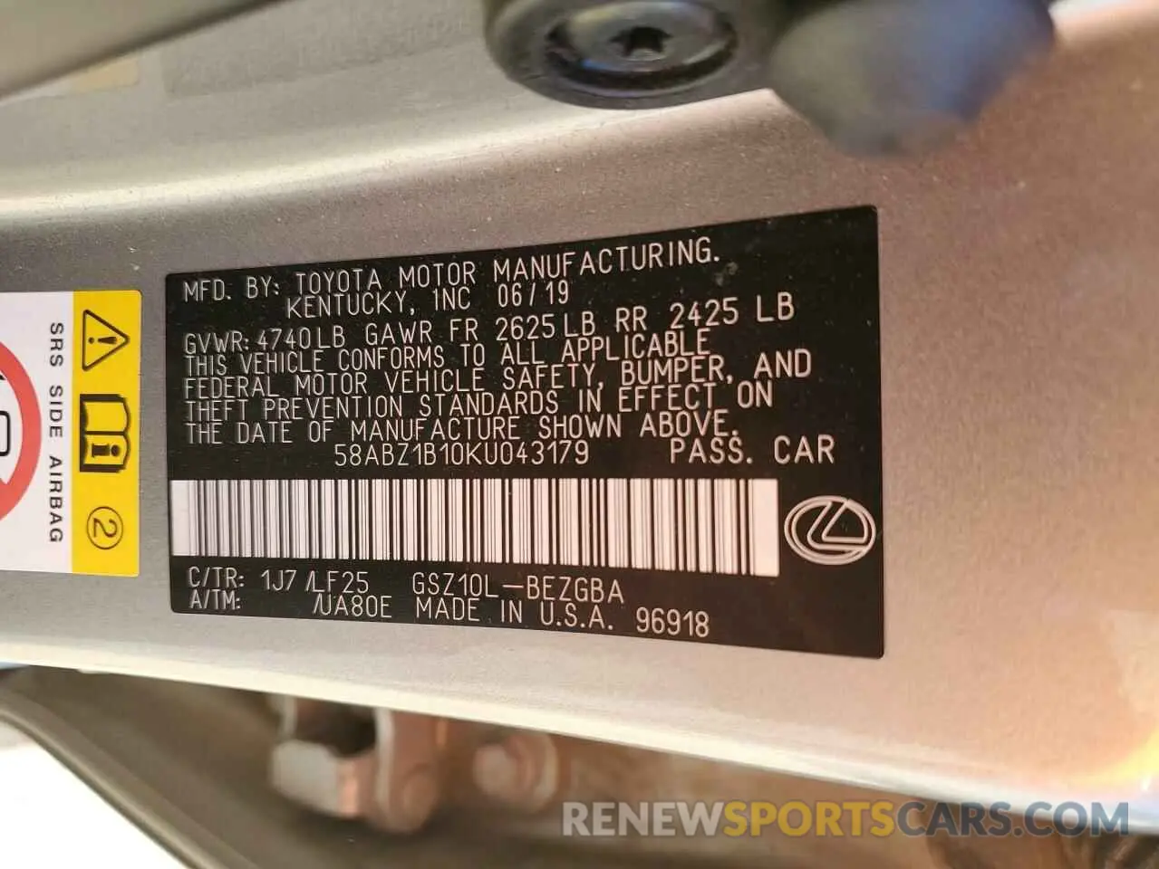 12 Photograph of a damaged car 58ABZ1B10KU043179 LEXUS ES350 2019