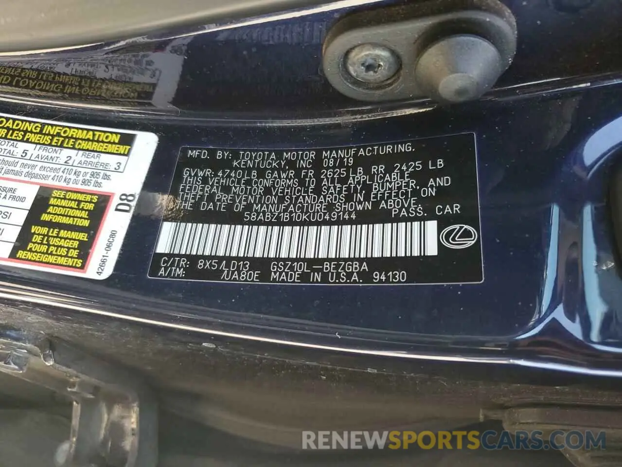 13 Photograph of a damaged car 58ABZ1B10KU049144 LEXUS ES350 2019