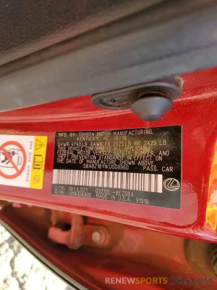 12 Photograph of a damaged car 58ABZ1B11KU008960 LEXUS ES350 2019