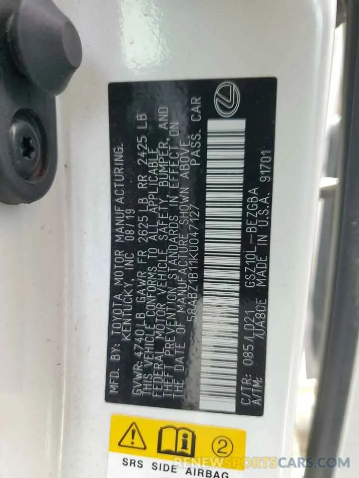 12 Photograph of a damaged car 58ABZ1B11KU047127 LEXUS ES350 2019