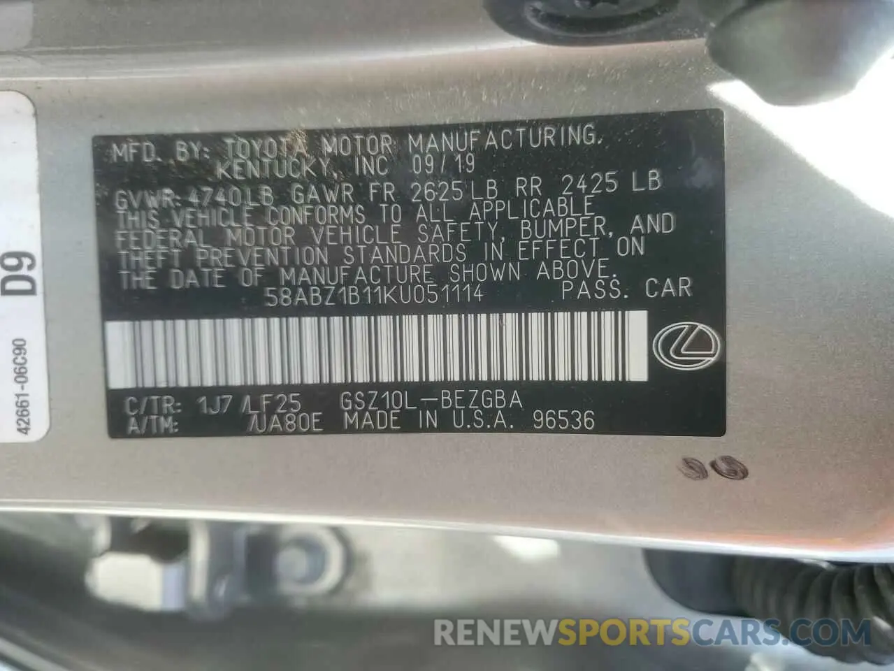 13 Photograph of a damaged car 58ABZ1B11KU051114 LEXUS ES350 2019