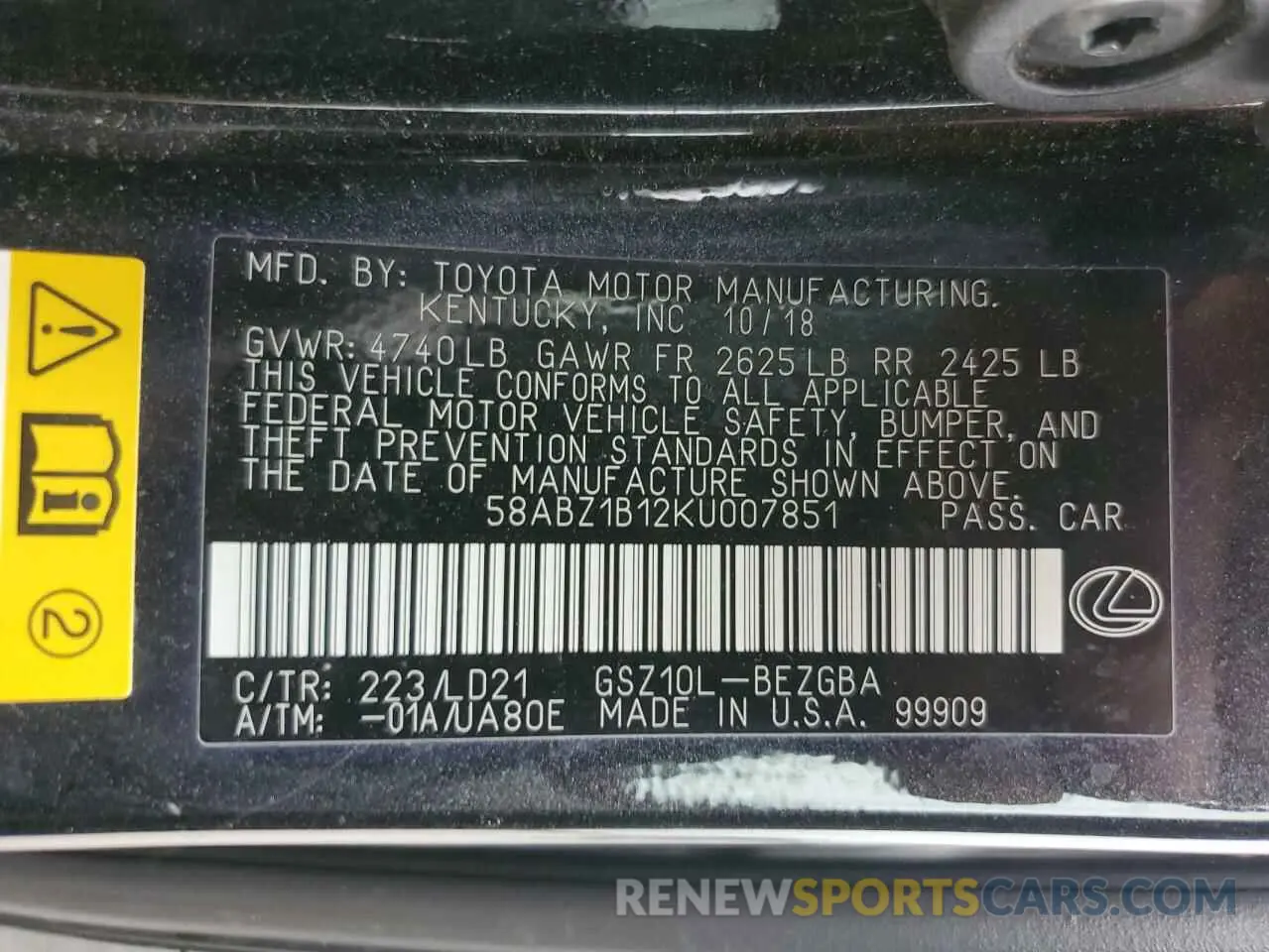 15 Photograph of a damaged car 58ABZ1B12KU007851 LEXUS ES350 2019