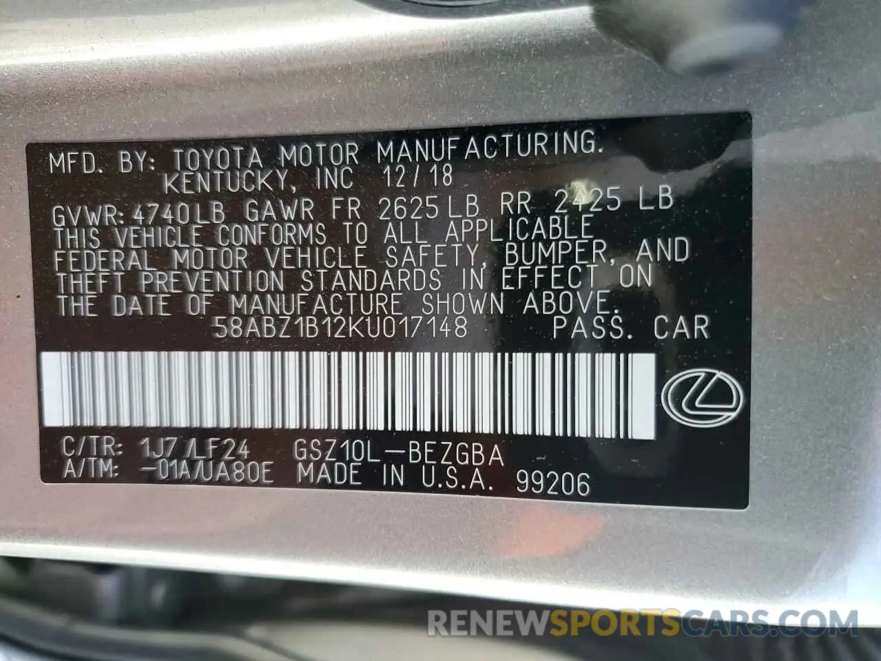 12 Photograph of a damaged car 58ABZ1B12KU017148 LEXUS ES350 2019