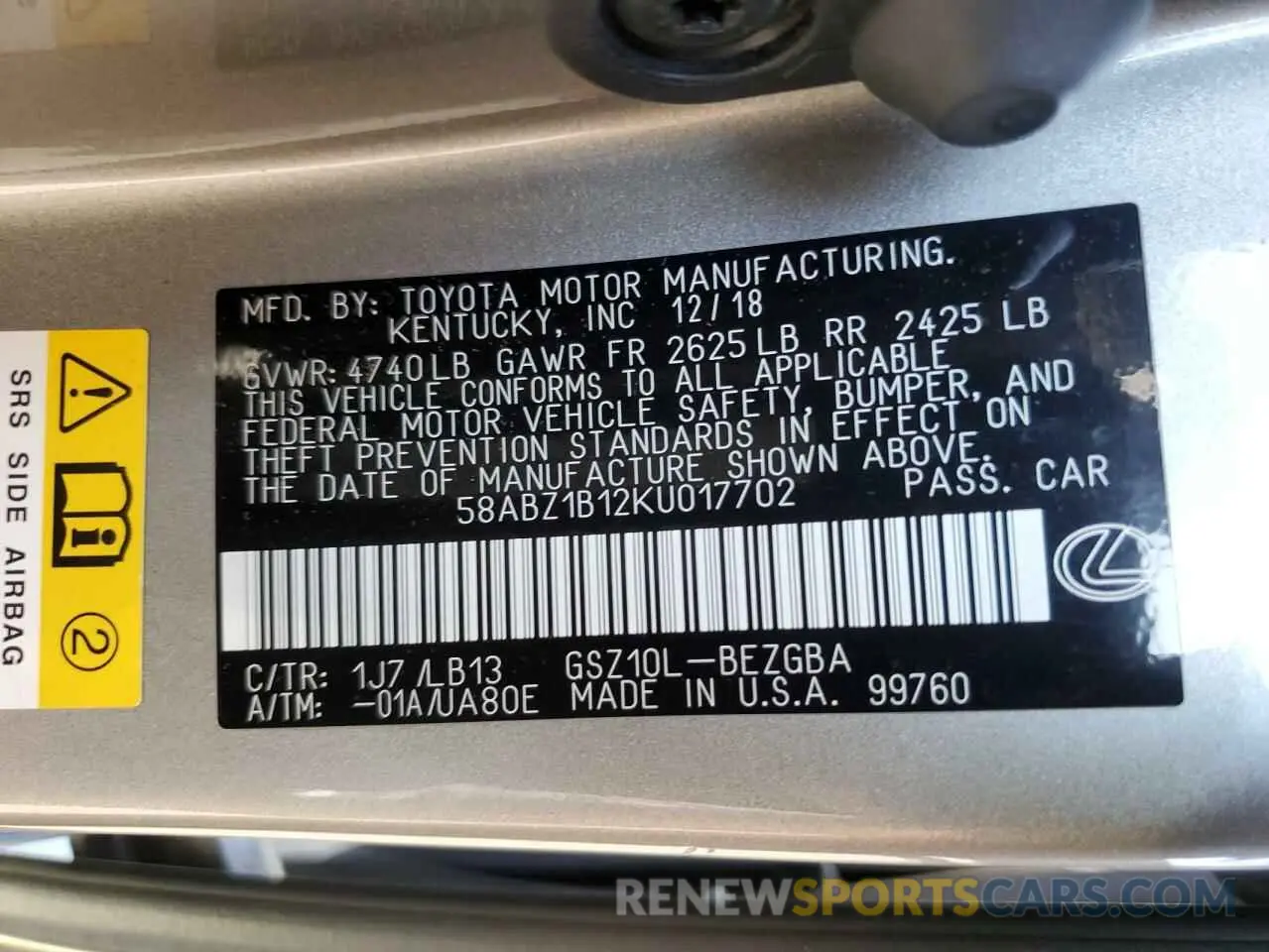12 Photograph of a damaged car 58ABZ1B12KU017702 LEXUS ES350 2019