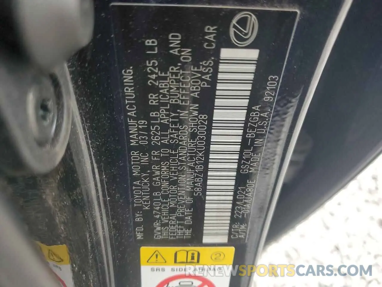 13 Photograph of a damaged car 58ABZ1B12KU030028 LEXUS ES350 2019