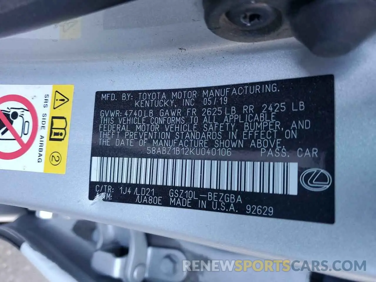 12 Photograph of a damaged car 58ABZ1B12KU040106 LEXUS ES350 2019