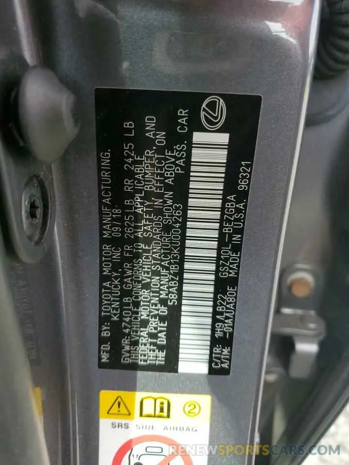 12 Photograph of a damaged car 58ABZ1B13KU004263 LEXUS ES350 2019