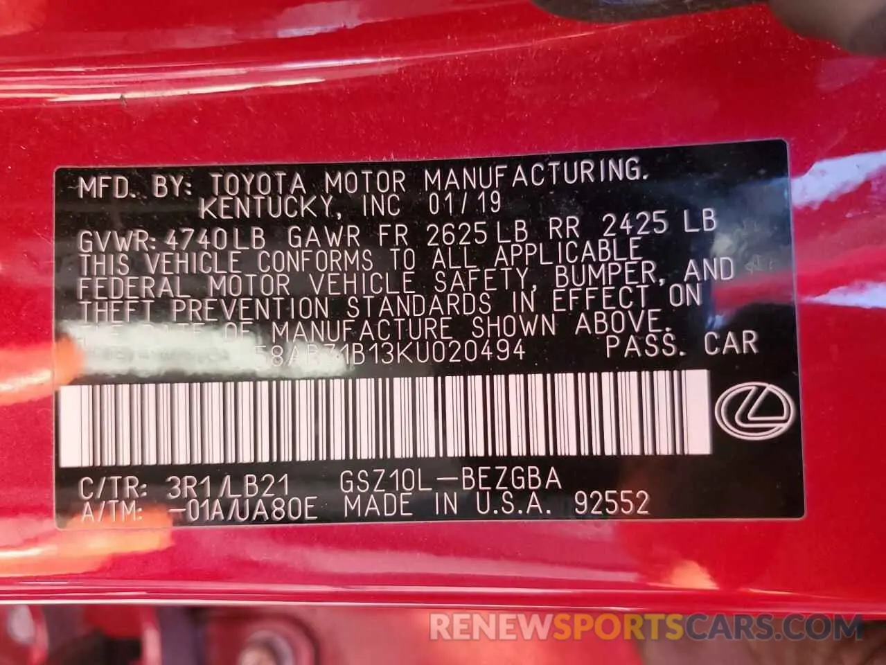 12 Photograph of a damaged car 58ABZ1B13KU020494 LEXUS ES350 2019