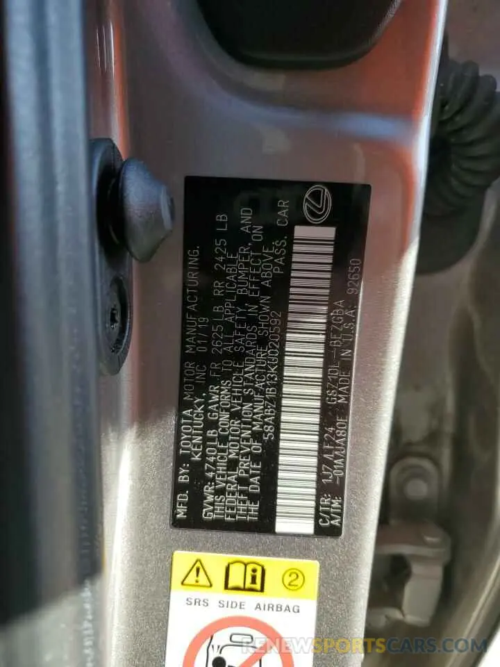 12 Photograph of a damaged car 58ABZ1B13KU020592 LEXUS ES350 2019