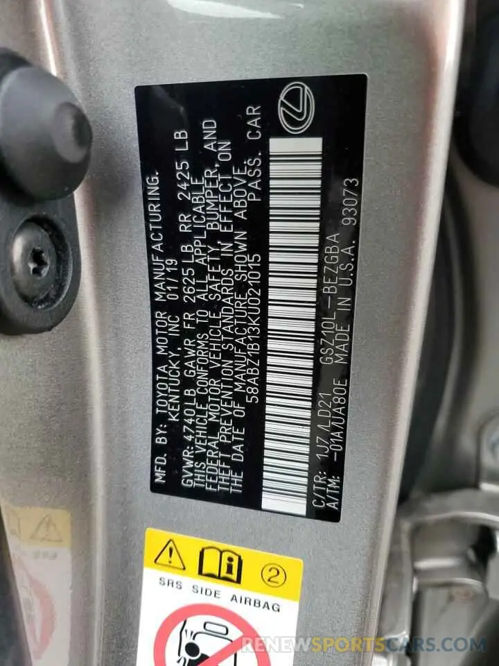 12 Photograph of a damaged car 58ABZ1B13KU021015 LEXUS ES350 2019