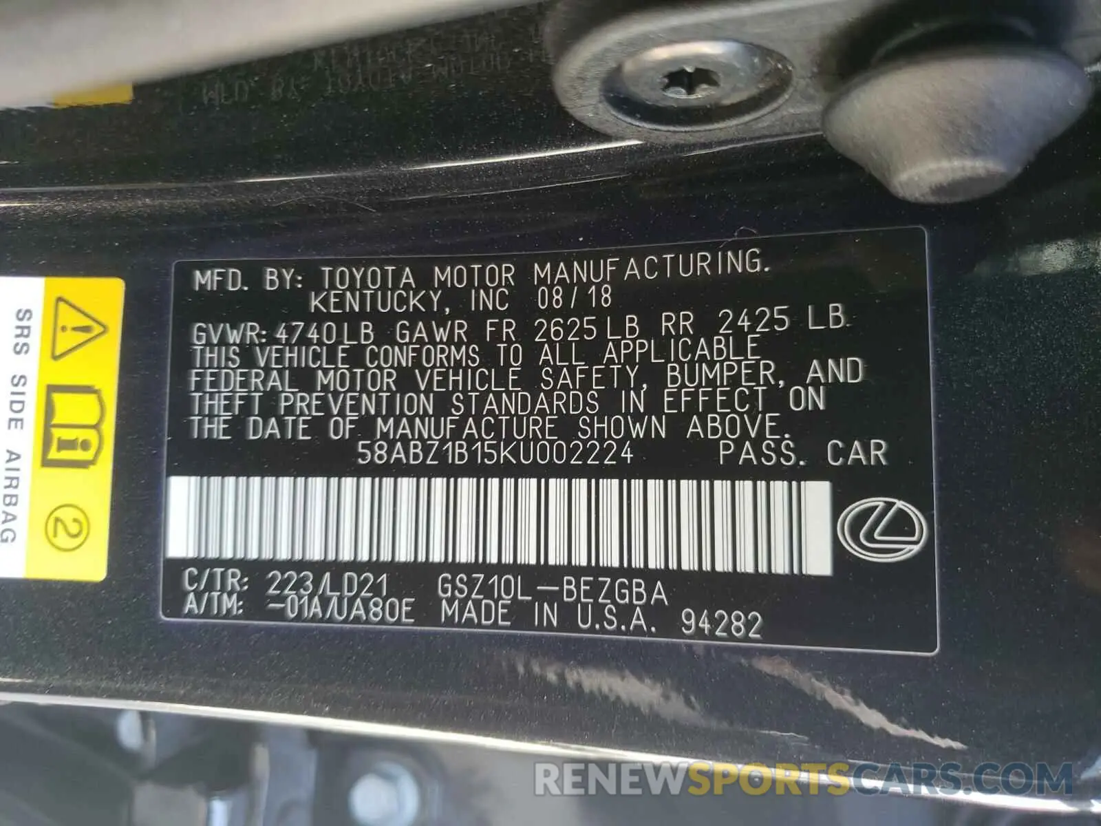 10 Photograph of a damaged car 58ABZ1B15KU002224 LEXUS ES350 2019