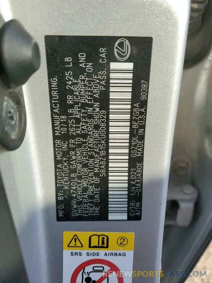 13 Photograph of a damaged car 58ABZ1B15KU008329 LEXUS ES350 2019
