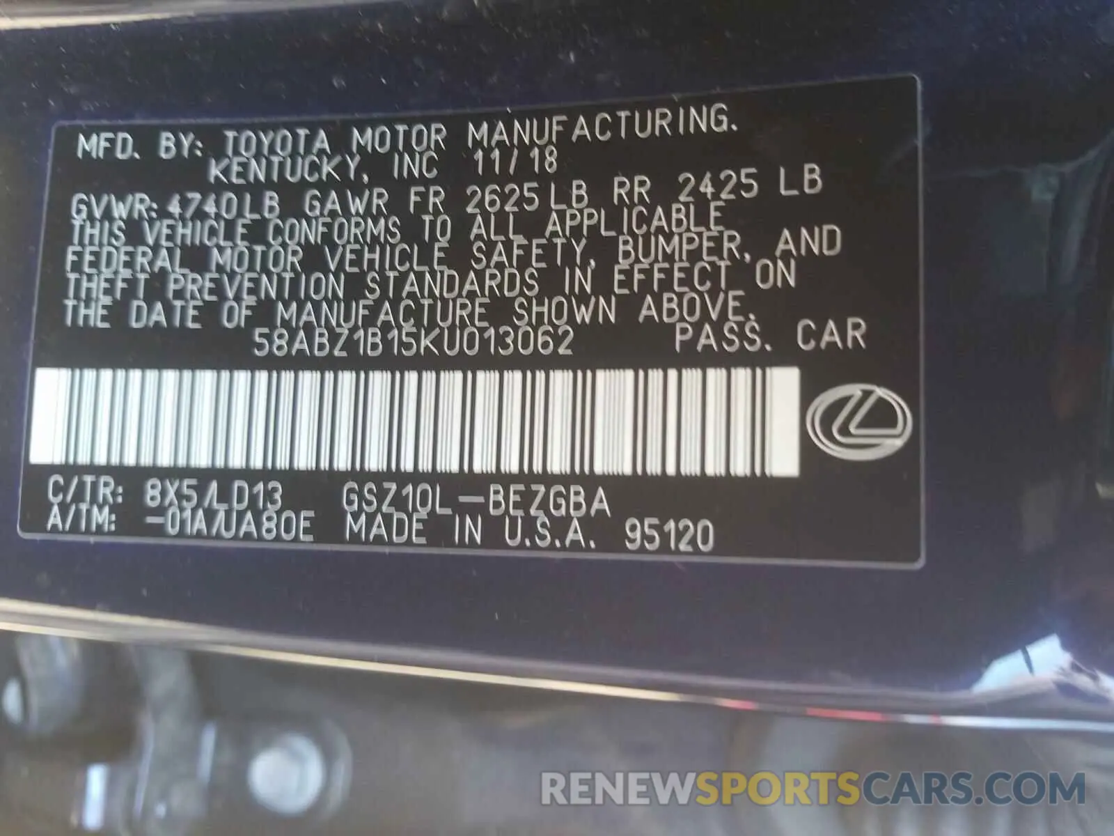 10 Photograph of a damaged car 58ABZ1B15KU013062 LEXUS ES350 2019