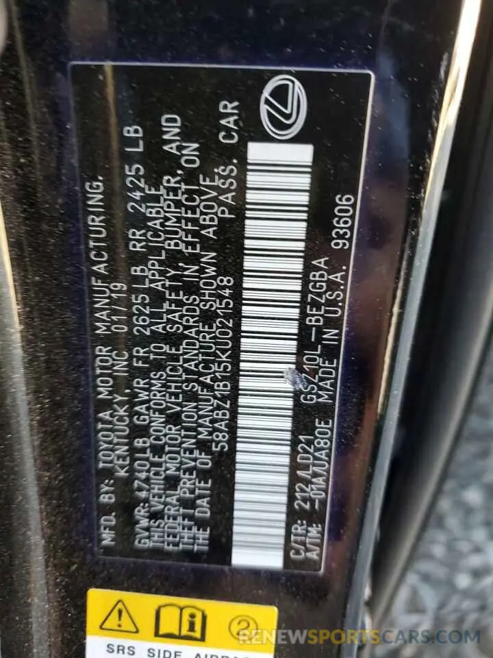 14 Photograph of a damaged car 58ABZ1B15KU021548 LEXUS ES350 2019