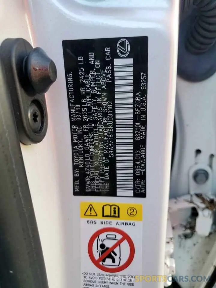 13 Photograph of a damaged car 58ABZ1B16KU031182 LEXUS ES350 2019