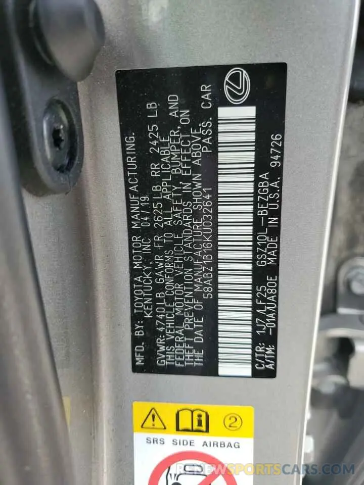 12 Photograph of a damaged car 58ABZ1B16KU032641 LEXUS ES350 2019