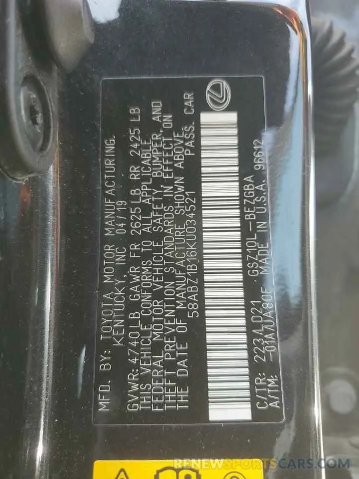13 Photograph of a damaged car 58ABZ1B16KU034521 LEXUS ES350 2019