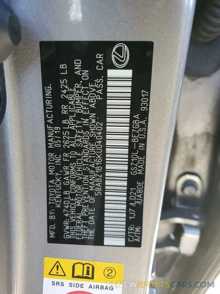 12 Photograph of a damaged car 58ABZ1B16KU040402 LEXUS ES350 2019