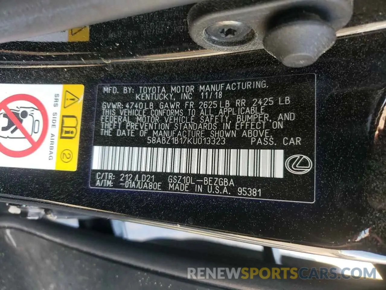 13 Photograph of a damaged car 58ABZ1B17KU013323 LEXUS ES350 2019