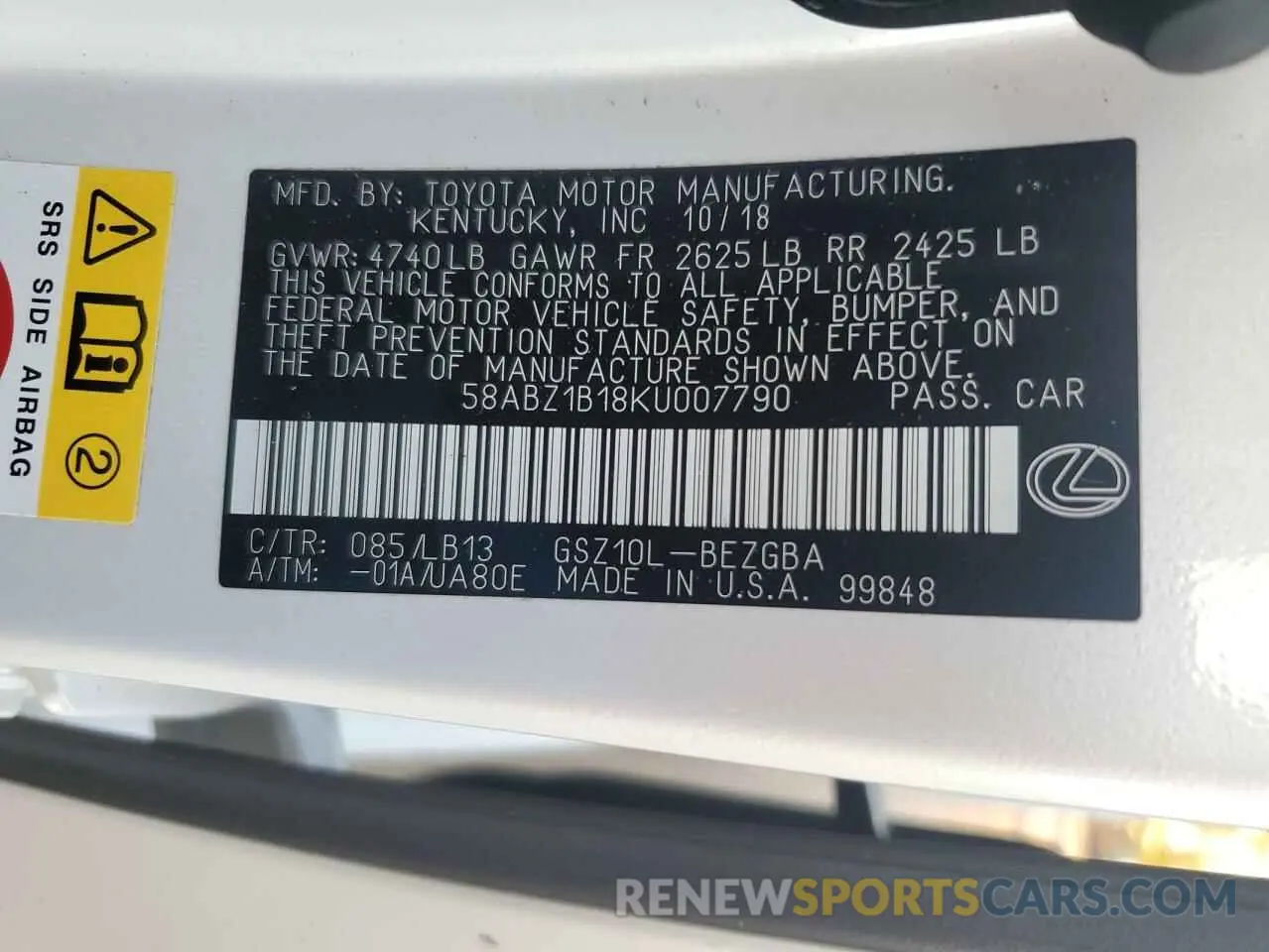 12 Photograph of a damaged car 58ABZ1B18KU007790 LEXUS ES350 2019