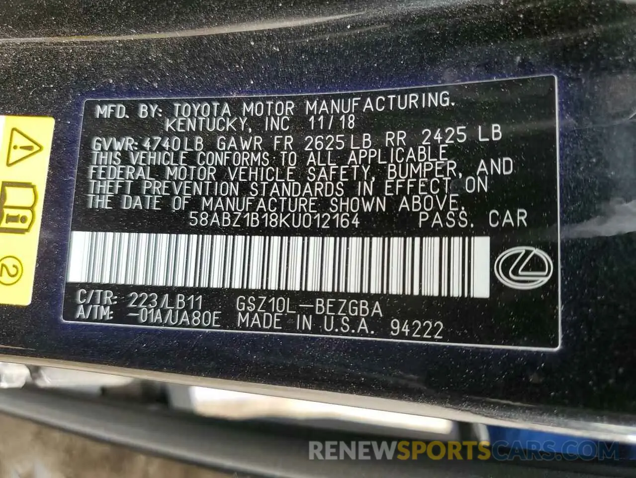 12 Photograph of a damaged car 58ABZ1B18KU012164 LEXUS ES350 2019