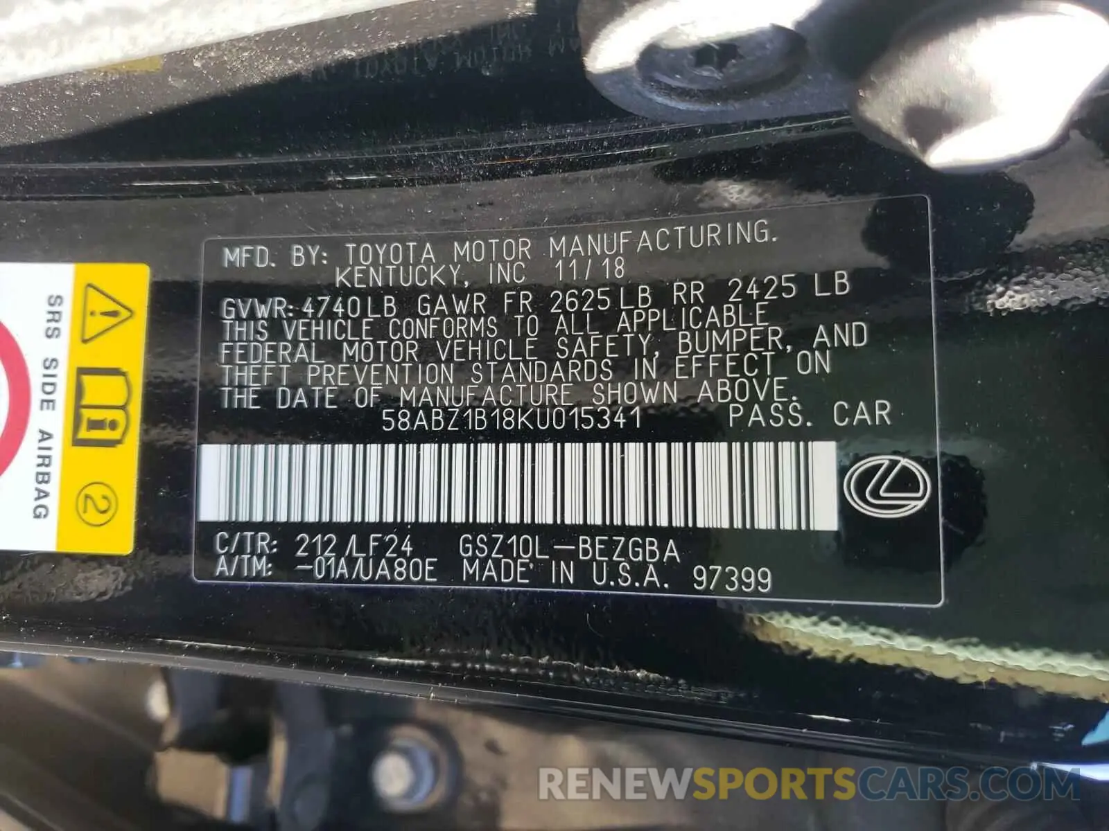 10 Photograph of a damaged car 58ABZ1B18KU015341 LEXUS ES350 2019