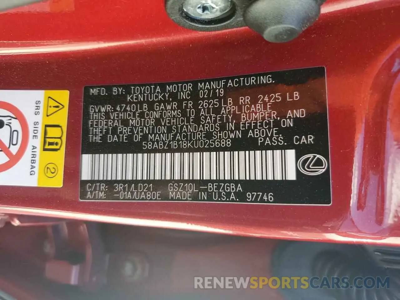 13 Photograph of a damaged car 58ABZ1B18KU025688 LEXUS ES350 2019