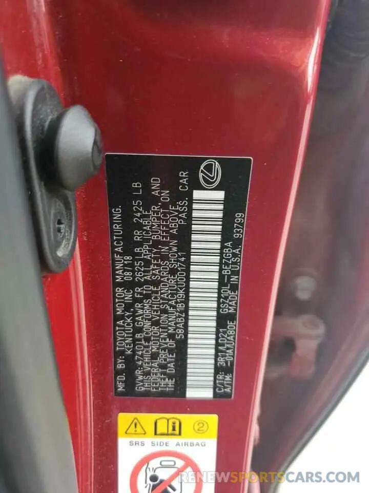 12 Photograph of a damaged car 58ABZ1B19KU001741 LEXUS ES350 2019