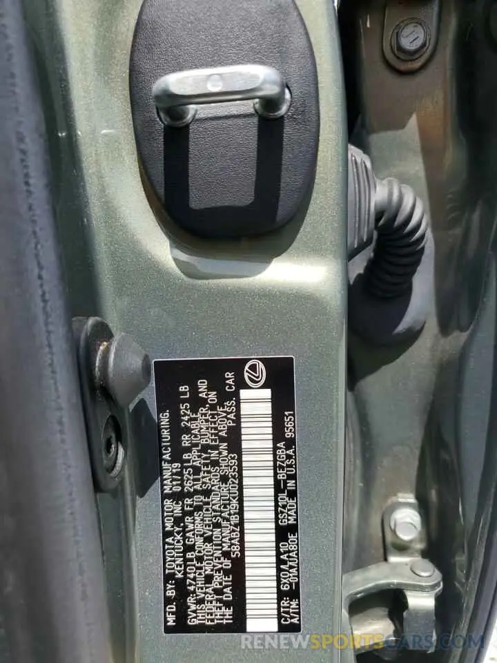 12 Photograph of a damaged car 58ABZ1B19KU023593 LEXUS ES350 2019