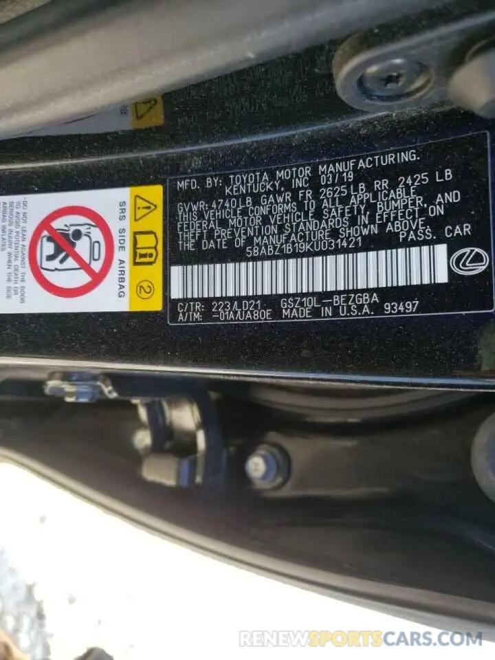 10 Photograph of a damaged car 58ABZ1B19KU031421 LEXUS ES350 2019