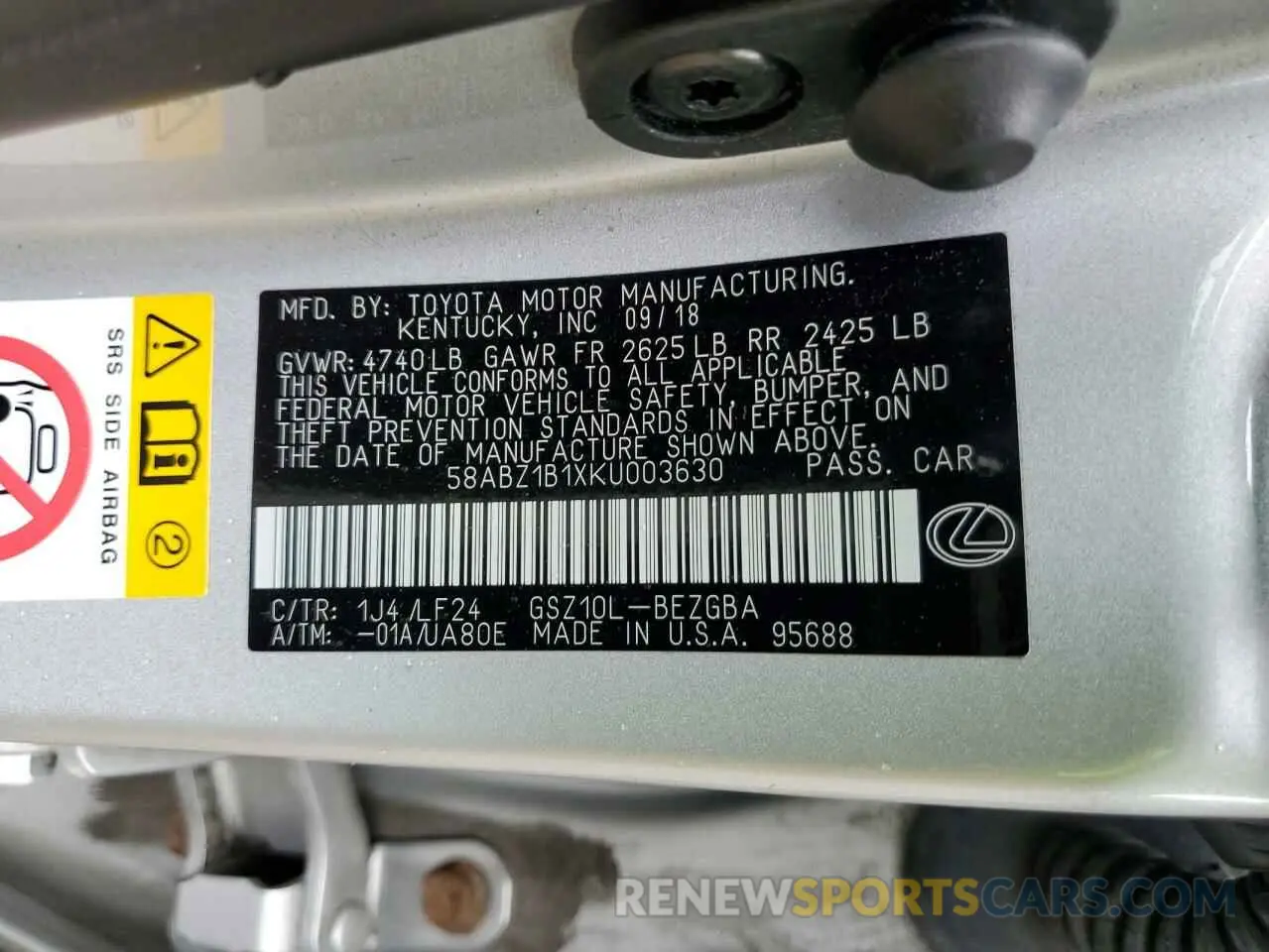 12 Photograph of a damaged car 58ABZ1B1XKU003630 LEXUS ES350 2019