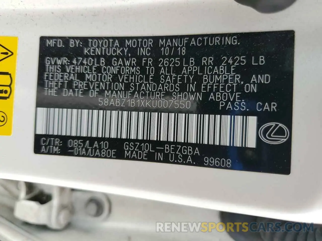 14 Photograph of a damaged car 58ABZ1B1XKU007550 LEXUS ES350 2019