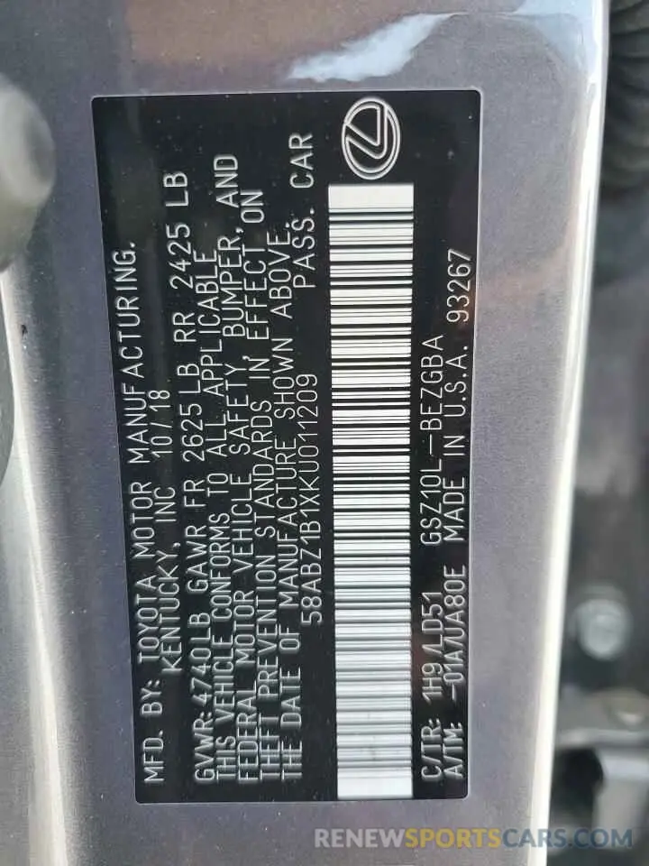 12 Photograph of a damaged car 58ABZ1B1XKU011209 LEXUS ES350 2019