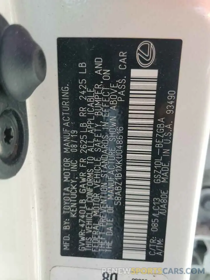 12 Photograph of a damaged car 58ABZ1B1XKU048616 LEXUS ES350 2019